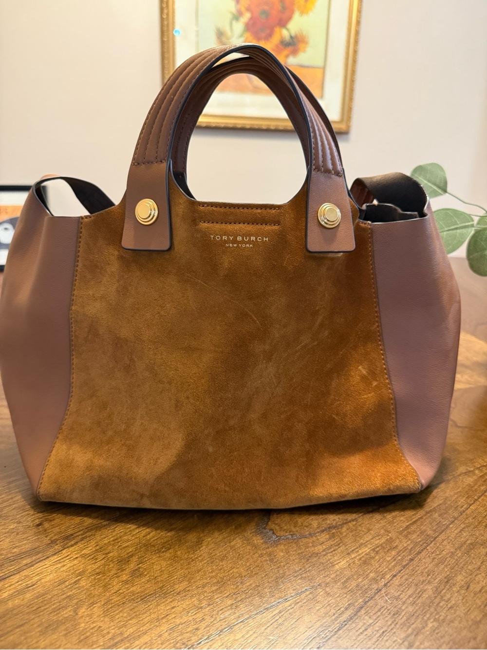 Tory Burch Brown Suede & Leather Shoulder Tote with Gold Hardware - Picture 2 of 5